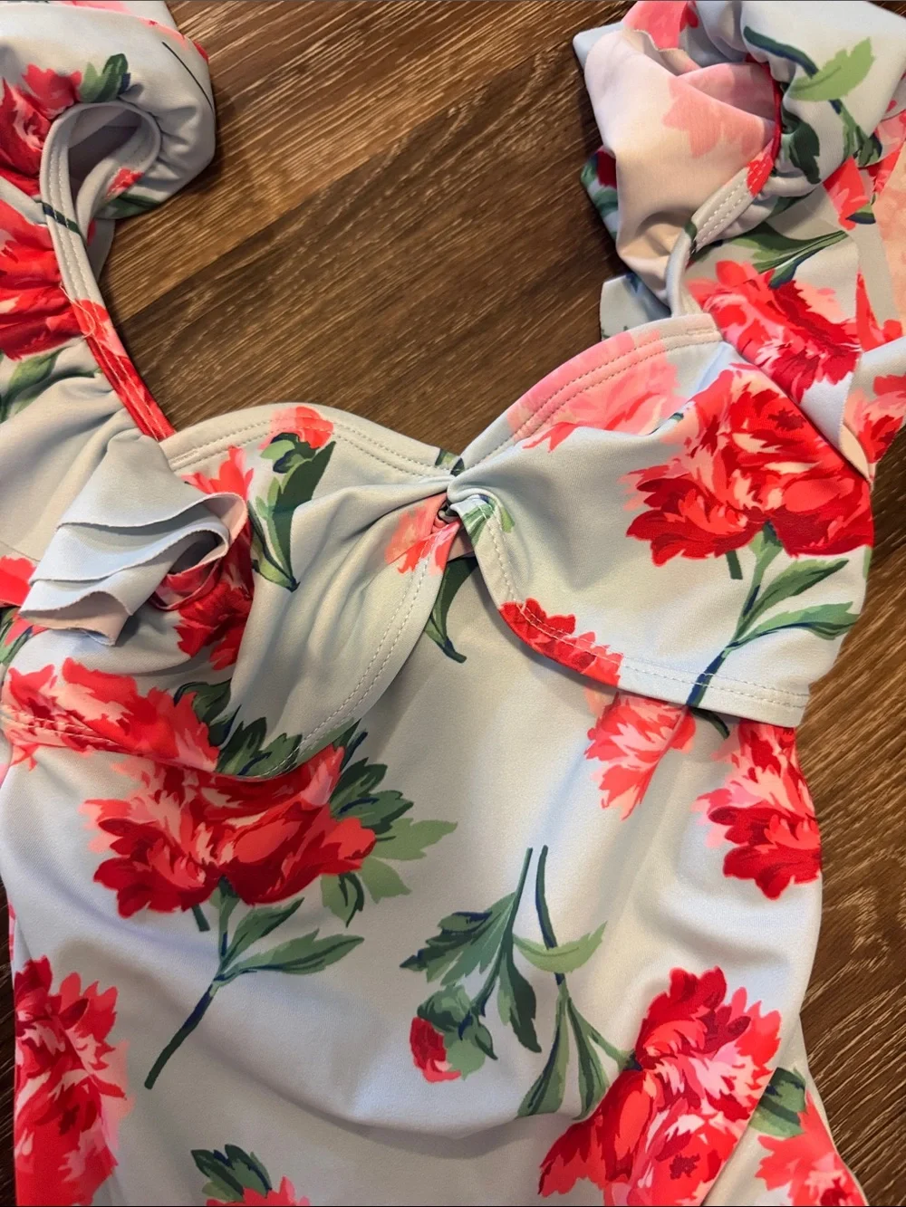 Janie and Jack Floral Ruffle One-Piece Swimsuit - Light Blue with Red Roses
